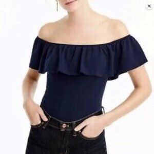 J Crew Navy Blue Off the Shoulder Ruffle Bodysuit